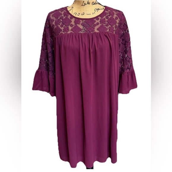 Pleione Dresses & Skirts - Pleione Burgundy Maroon Shift Dress Med Lace Bodice 3/4 Bell Sleeve Lined